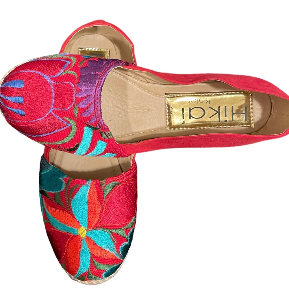 Embroidered Womens Shoes, Mexico Embroidered Shoes, Red Shoes, Red Flats, Red Sh